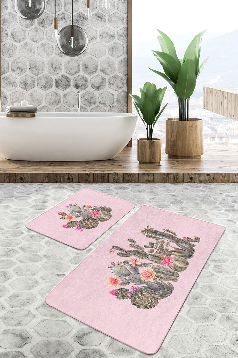 Pembe Zemin Kaktüs Özel Tasarımlı 2li Banyo Halısı Takımı Kaymaz Taban Yıkanabilir Bonvagon