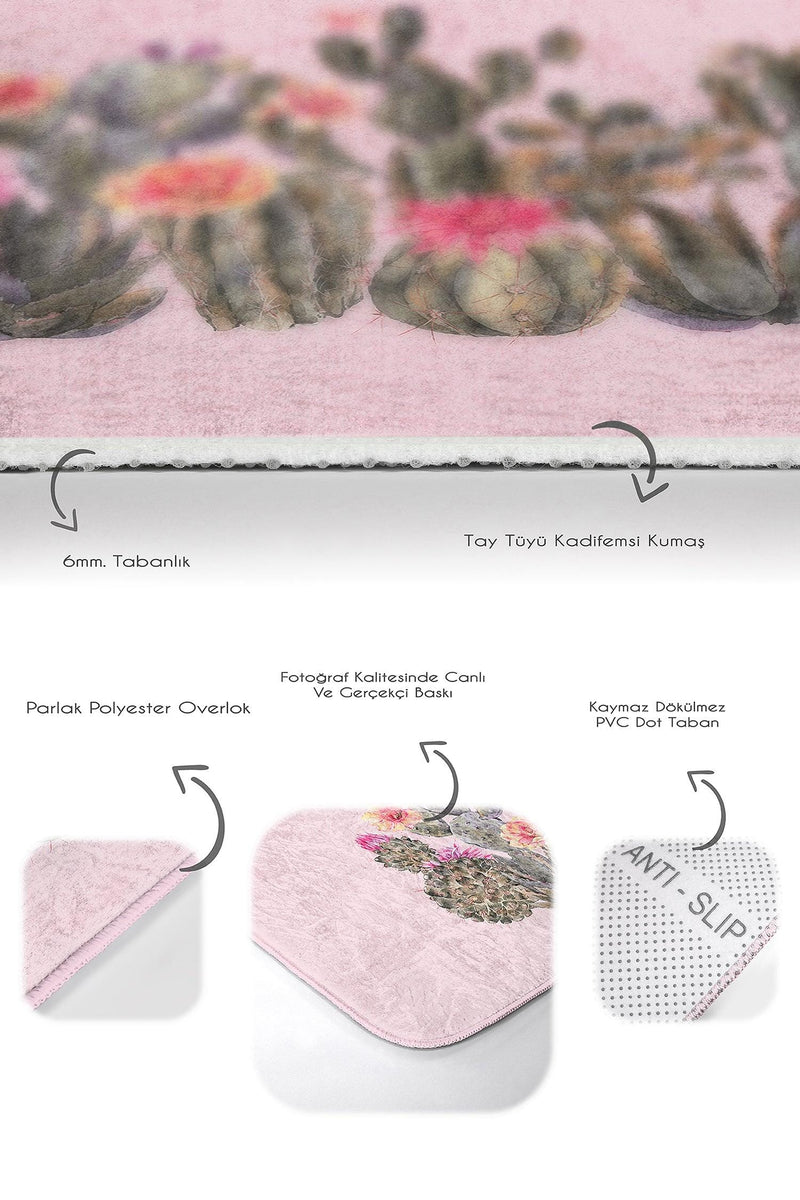 Pembe Zemin Kaktüs Özel Tasarımlı 2li Banyo Halısı Takımı Kaymaz Taban Yıkanabilir Bonvagon