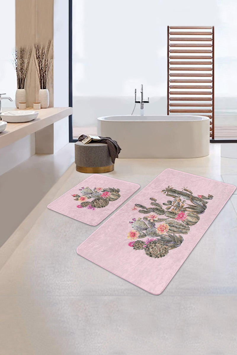 Pembe Zemin Kaktüs Özel Tasarımlı 2li Banyo Paspas ve Halısı Takımı Kaymaz Taban Yıkanabilir