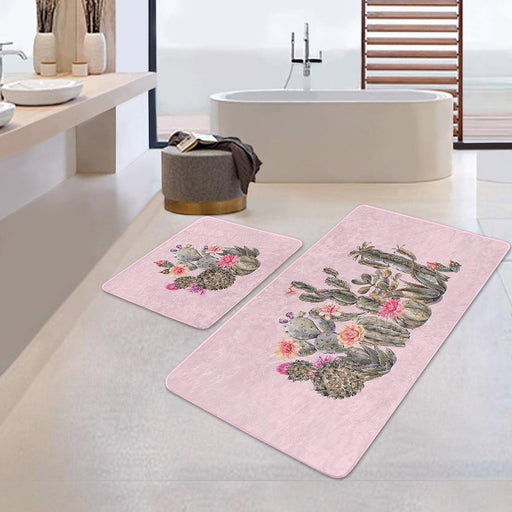 Pembe Zemin Kaktüs Özel Tasarımlı 2li Banyo Paspas ve Halısı Takımı Kaymaz Taban Yıkanabilir