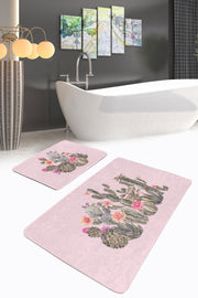 Pembe Zemin Kaktüs Özel Tasarımlı 2li Banyo Paspas ve Halısı Takımı Kaymaz Taban Yıkanabilir