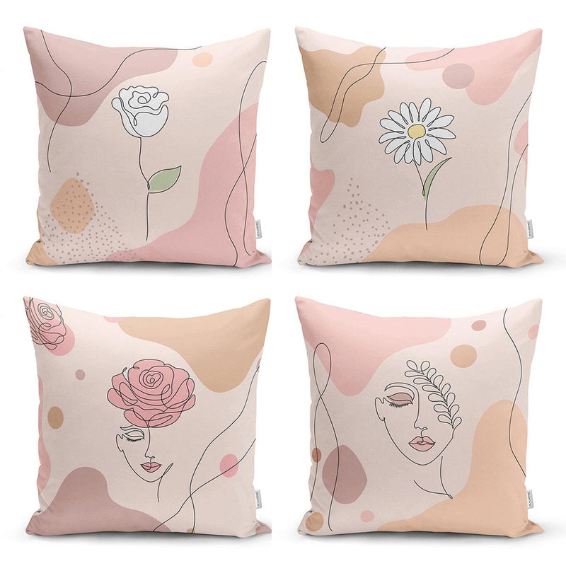 Pembe Zemin Üzerinde Çiçek Motifli Dekoratif 4lü Kırlent Kılıf Seti Bonvagon