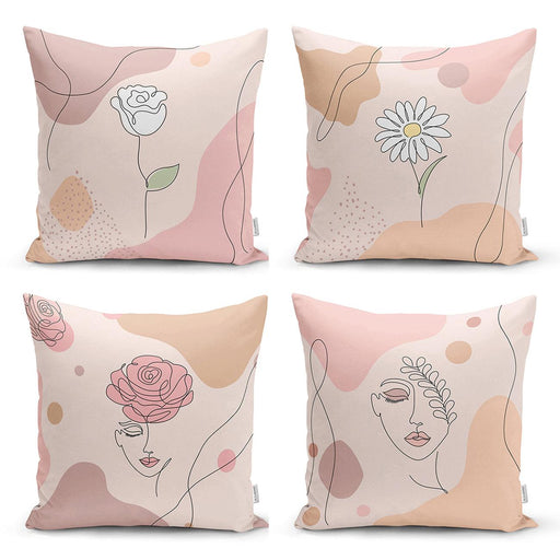 Pembe Zemin Üzerinde Çiçek Motifli Dekoratif 4lü Kırlent Kılıf Seti Bonvagon