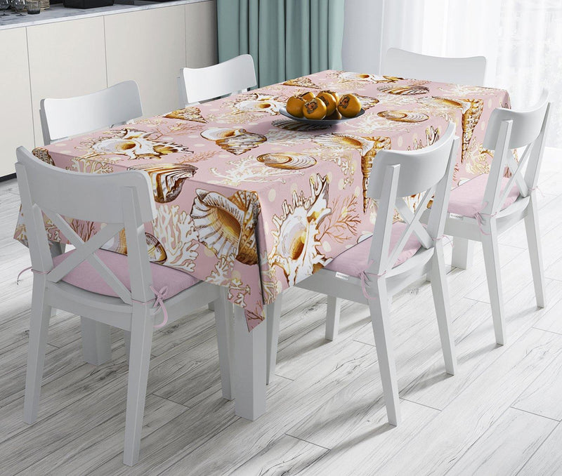 Pembe Zeminde Deniz Kabukları Modern Leke Tutmaz Masa Örtüsü
