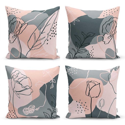 Pembe Zeminde Gül Ve Yaprak Desenli 4lü Kırlent Kılıf Seti Bonvagon