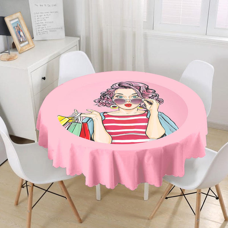 Pembe Zeminli Popart Desenli Dekoratif Leke Tutmaz Yuvarlak Masa Örtüsü