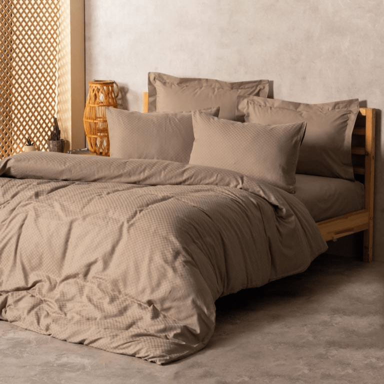 Plaid Çift Kişilik Nevresim Takımı Vizon Ranforce 57 Tel %100 Pamuk