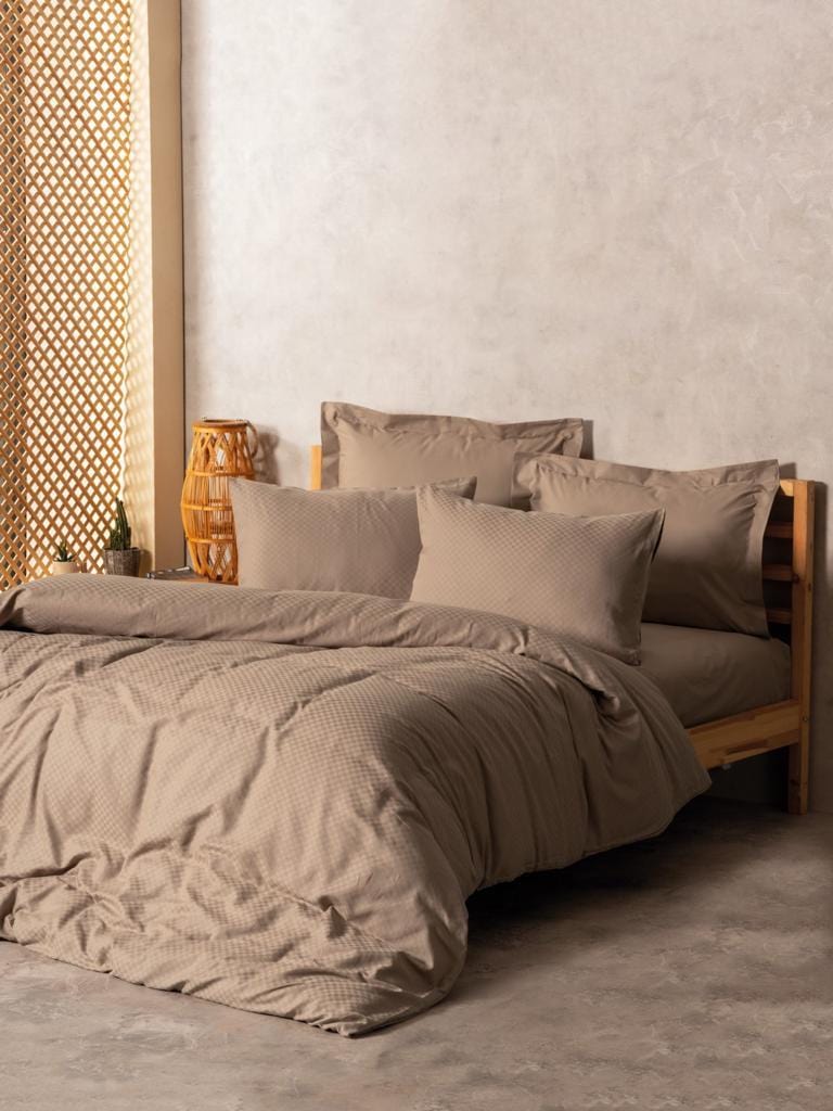 Plaid Çift Kişilik Nevresim Takımı Vizon Ranforce 57 Tel %100 Pamuk