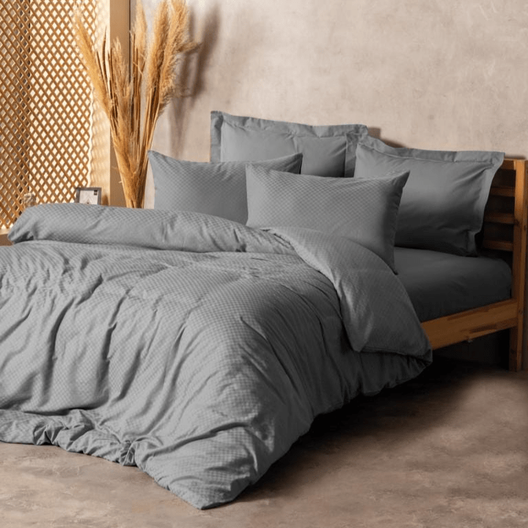 Plaid Çift Kişilik Nevresim Takımı Gri Ranforce 57 Tel %100 Pamuk Bonvagon