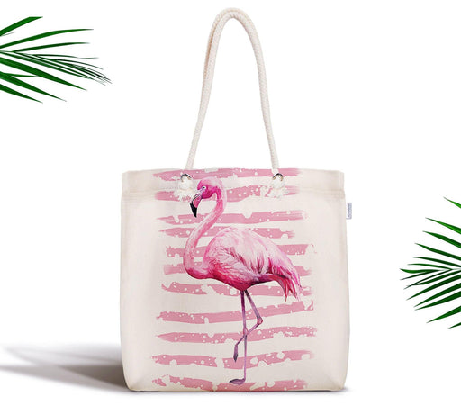 Pudra Çizgi Desenli Flamingo Baskılı Fermuarlı Modern Kumaş Çanta Bonvagon