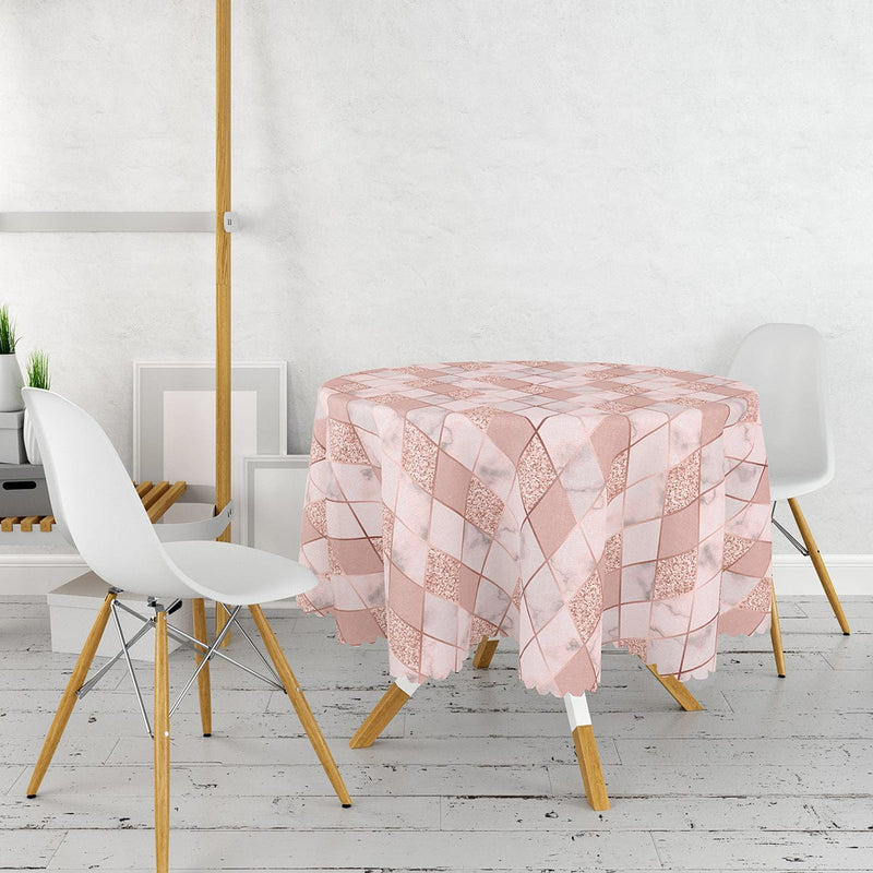 Pudra Renkli Üçgen Zeminli Modern Leke Tutmaz Yuvarlak Masa Örtüsü Bonvagon