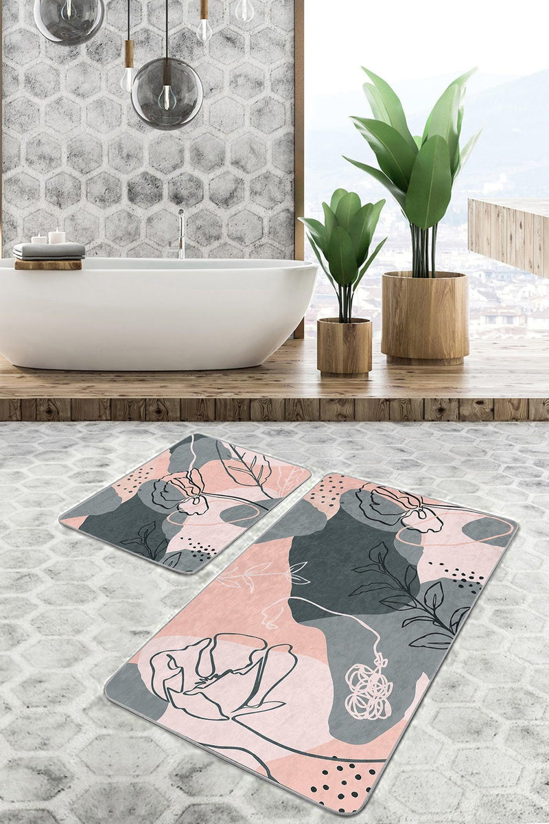 Pudra Zemin Bohem Motifli 2li Banyo Halısı Takımı Kaymaz Taban Yıkanabilir Bonvagon