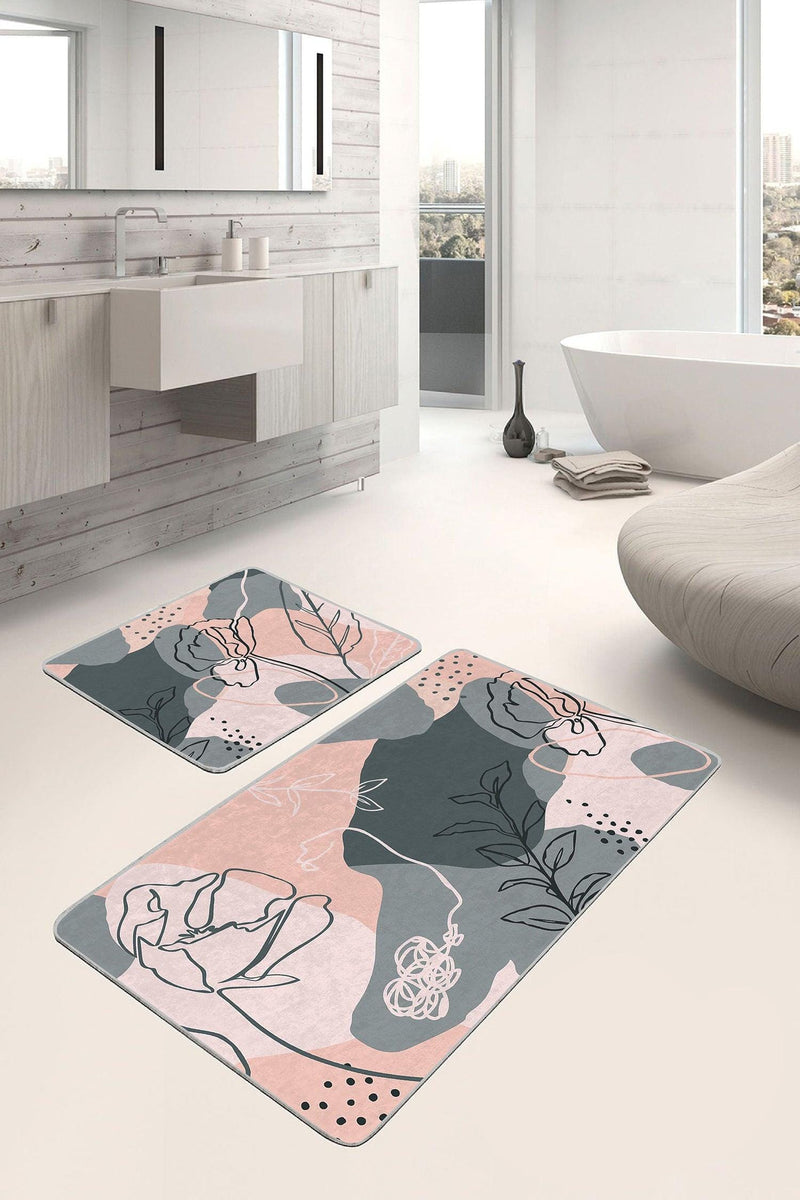 Pudra Zemin Bohem Motifli 2li Banyo Paspas ve Halısı Takımı Kaymaz Taban Yıkanabilir