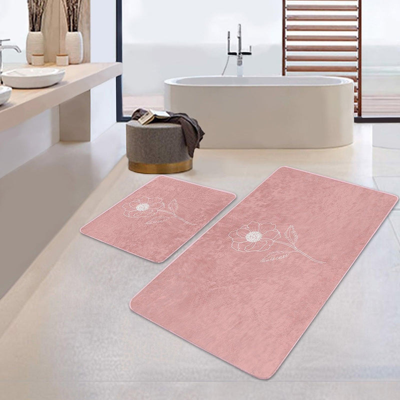 Pudra Zemin Çiçek Tasarımlı Dijital Baskılı 2li Banyo Halısı Takımı Kaymaz Taban Yıkanabilir Bonvagon