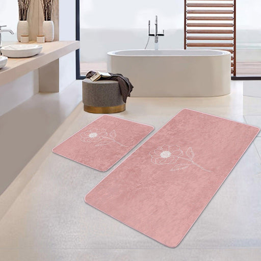 Pudra Zemin Çiçek Tasarımlı Dijital Baskılı 2li Banyo Halısı Takımı Kaymaz Taban Yıkanabilir Bonvagon
