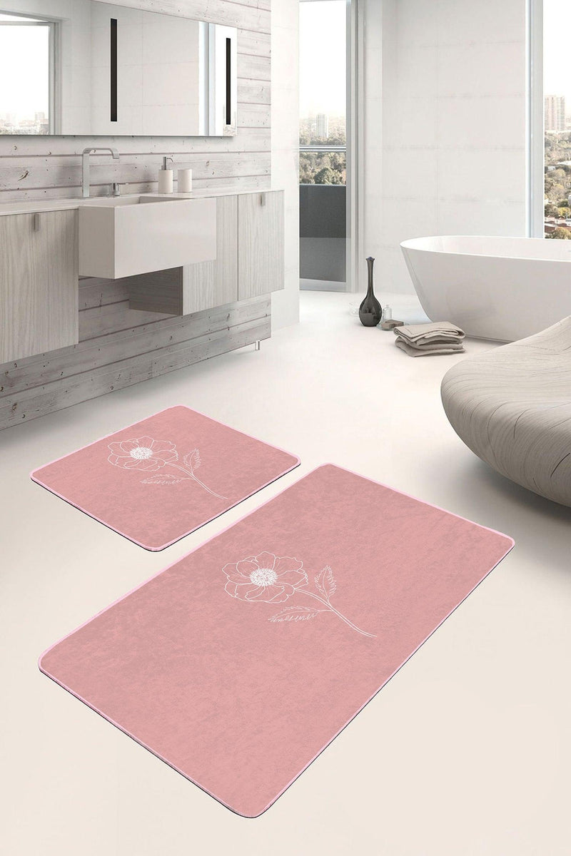 Pudra Zemin Çiçek Tasarımlı Dijital Baskılı 2li Banyo Halısı Takımı Kaymaz Taban Yıkanabilir Bonvagon