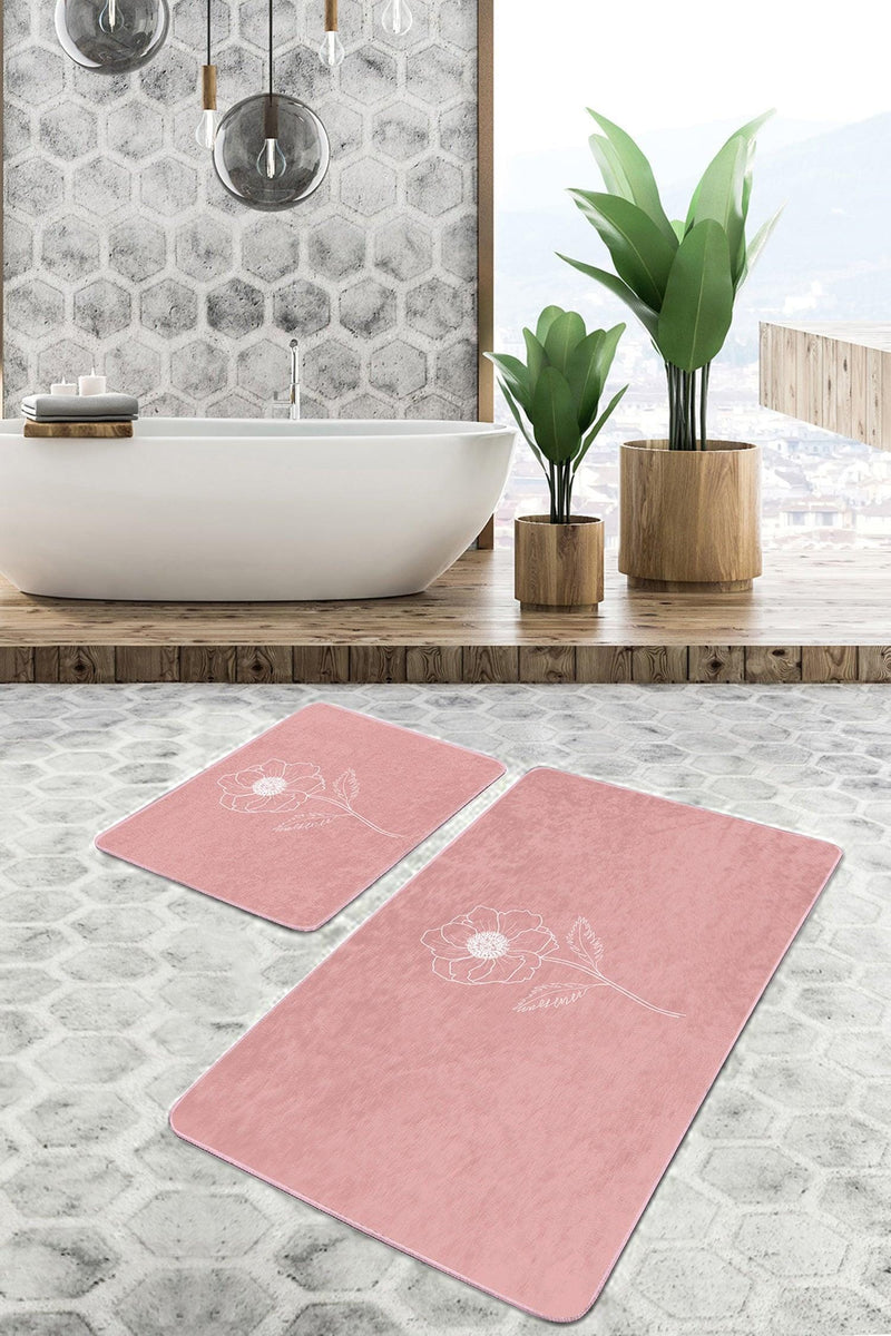 Pudra Zemin Çiçek Tasarımlı Dijital Baskılı 2li Banyo Halısı Takımı Kaymaz Taban Yıkanabilir Bonvagon