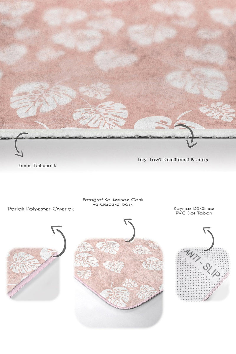 Pudra Zemin Tropik Yapraklar Dijital Baskılı 2li Banyo Halısı Takımı Kaymaz Taban Yıkanabilir Bonvagon