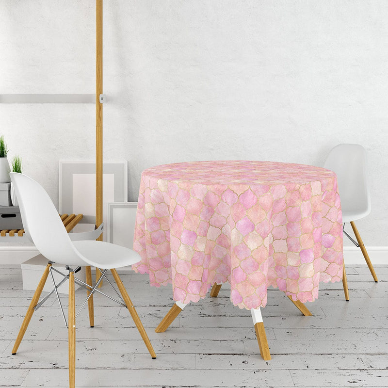 Pudra Zeminli Ogea Desenli Özel Tasarım Modern Leke Tutmaz Yuvarlak Masa Örtüsü Bonvagon