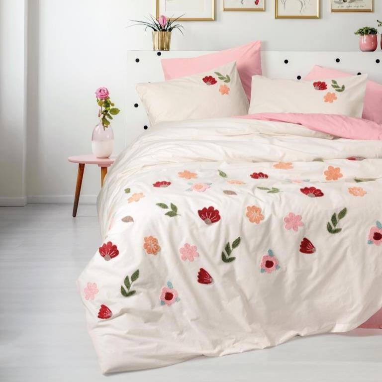 Punch Nakışlı Ranforce Çift Kişilik Nevresim Takımı Blossom Somon %100 Pamuk 4 Adet Yastık Kılıfı Bonvagon