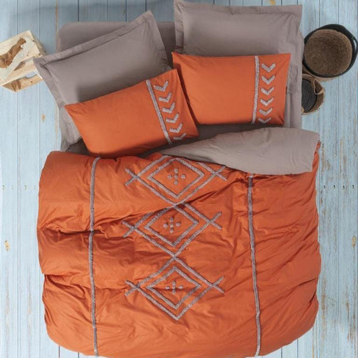 Punch Nakışlı Ranforce Çift Kişilik Nevresim Takımı Lia Kiremit Bej %100 Pamuk 4 Adet Yastık Kılıfı Bonvagon