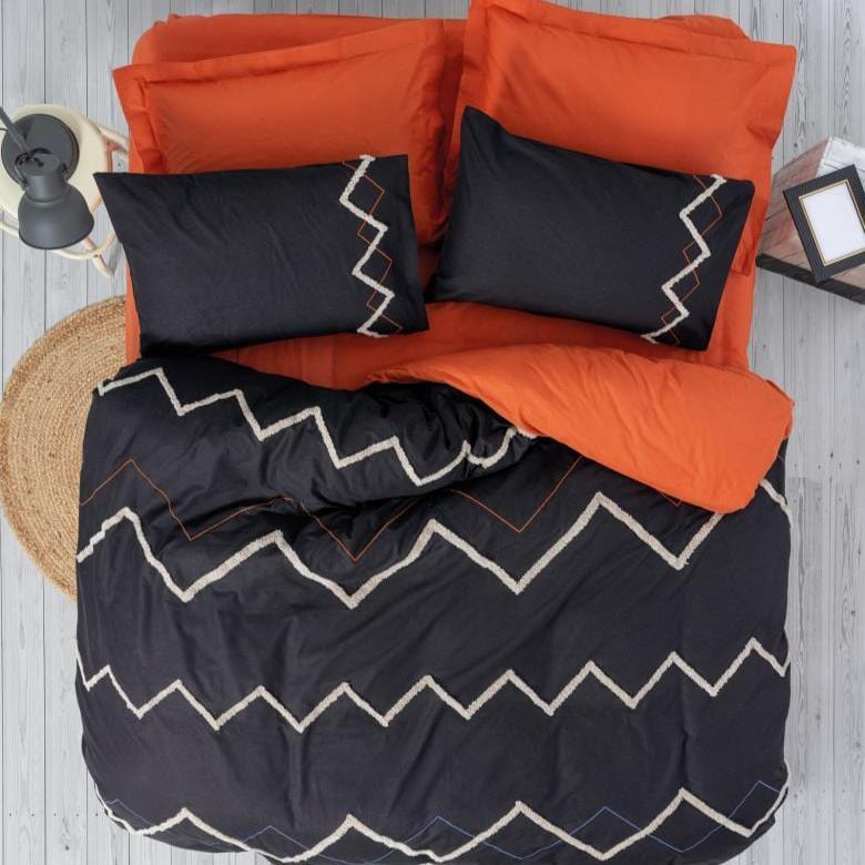 Punch Nakışlı Ranforce Çift Kişilik Nevresim Takımı Mirely Siyah Kiremit %100 Pamuk 4 Adet Yastık Kılıfı Bonvagon