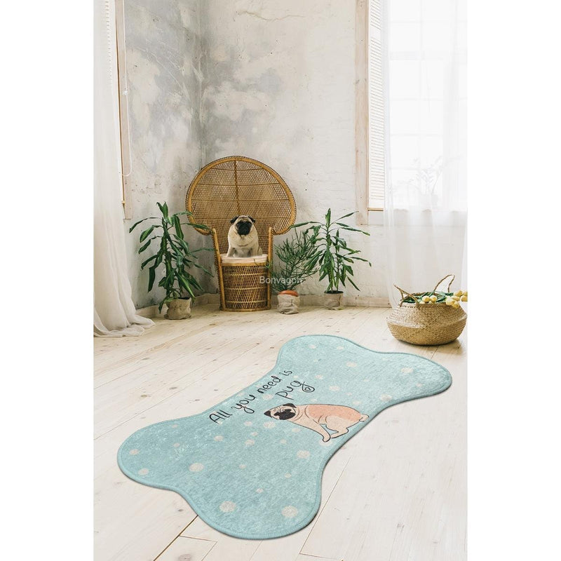 Pug Dijital Baskılı Köpek Paspası, Kaymaz Taban, Yıkanabilir Bonvagon