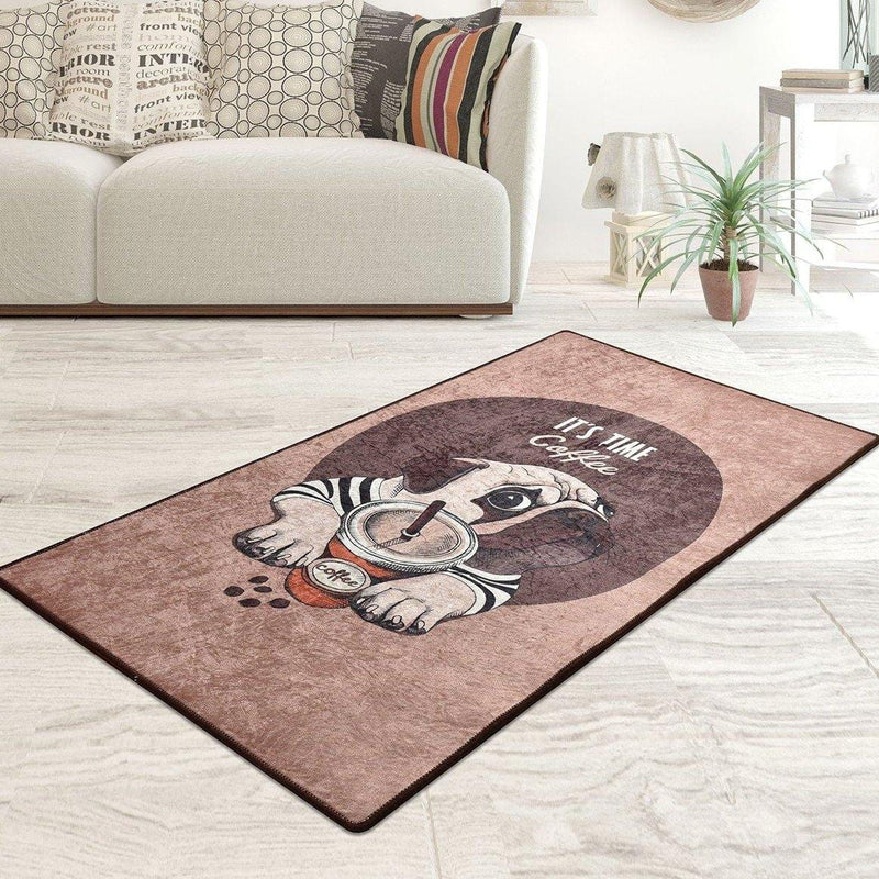 Pugs Coffee Dijital Baskılı Halı, Kaymaz Taban, Yıkanabilir Bonvagon