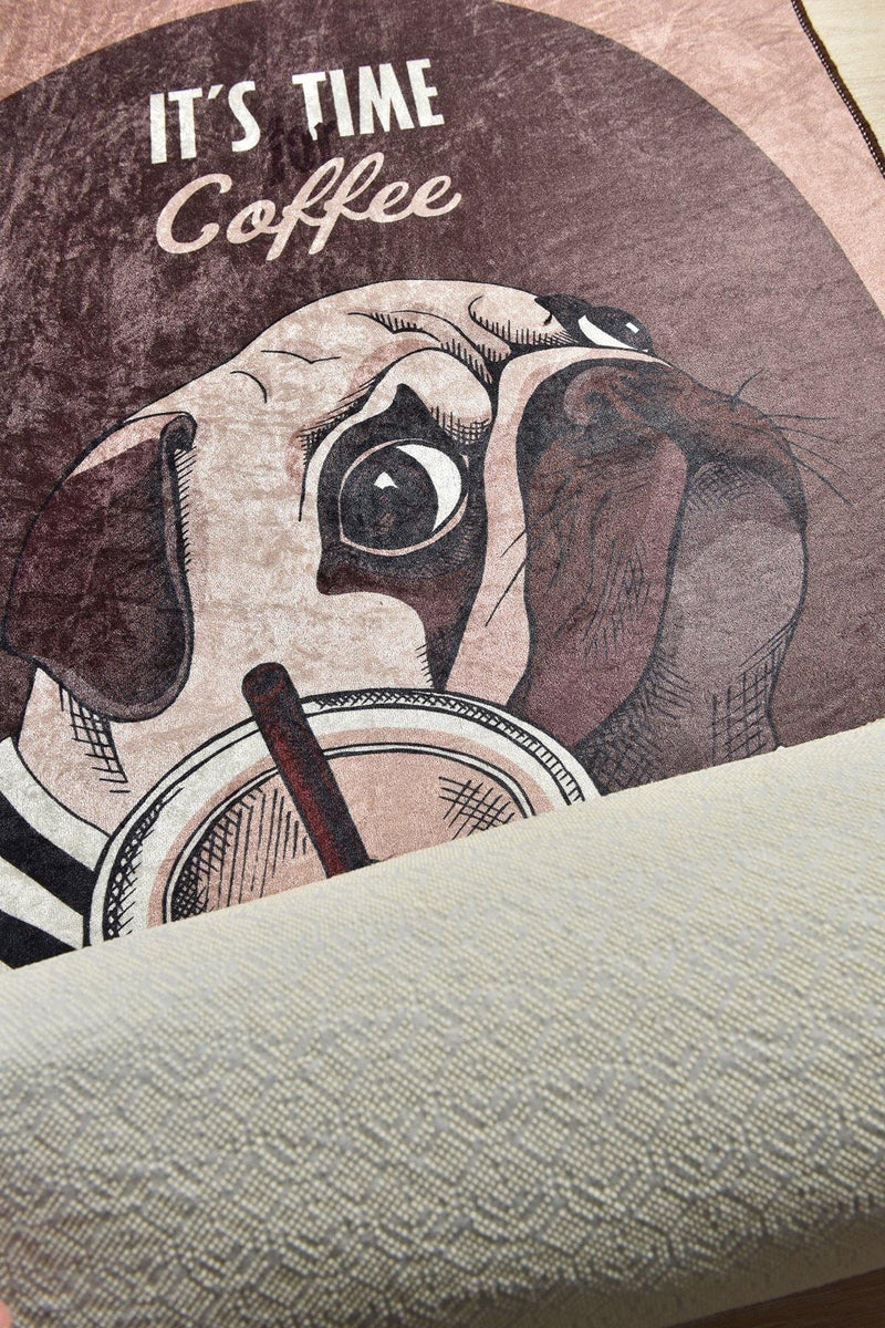 Pugs Coffee Dijital Baskılı Halı, Kaymaz Taban, Yıkanabilir Bonvagon