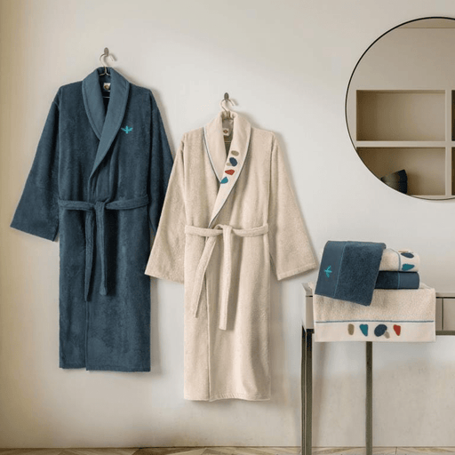 Punch Nakışlı Aile Bornoz Seti Gaja Bej Petrol Bonvagon