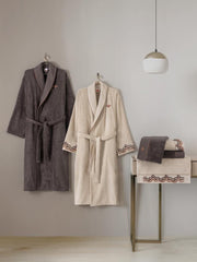 Punch Nakışlı Aile Bornoz Seti Molende Bej Antrasit Bonvagon