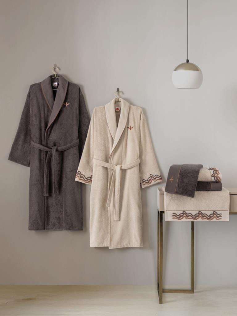 Punch Nakışlı Aile Bornoz Seti Molende Bej Antrasit Bonvagon