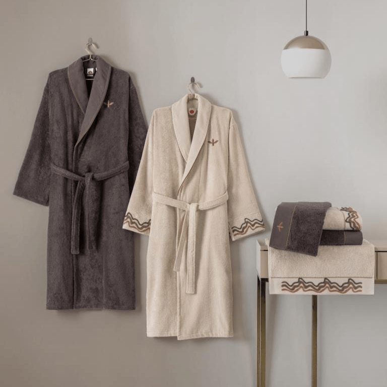 Punch Nakışlı Aile Bornoz Seti Molende Bej Antrasit Bonvagon