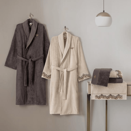 Punch Nakışlı Aile Bornoz Seti Molende Bej Antrasit Bonvagon