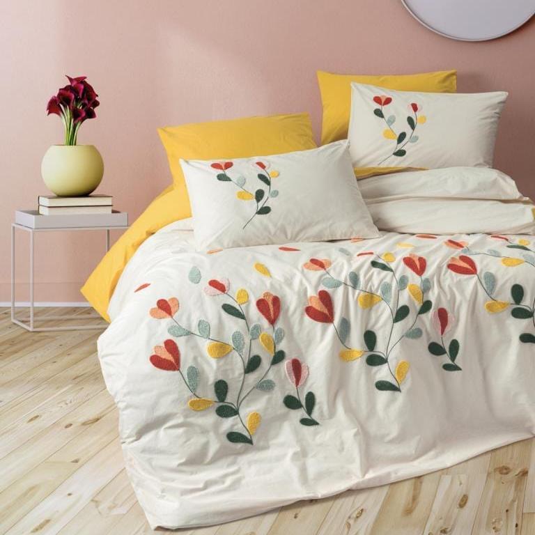 Punch Nakışlı Ranforce Çift Kişilik Nevresim Takımı Nella Hardal  %100 Pamuk 4 Adet Yastık Kılıfı