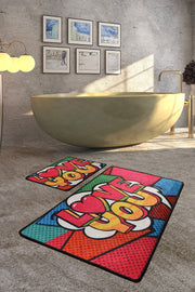 Red Love Dijital Baskılı 2li Set Banyo Halısı, Kaymaz Taban, Yıkanabilir Bonvagon