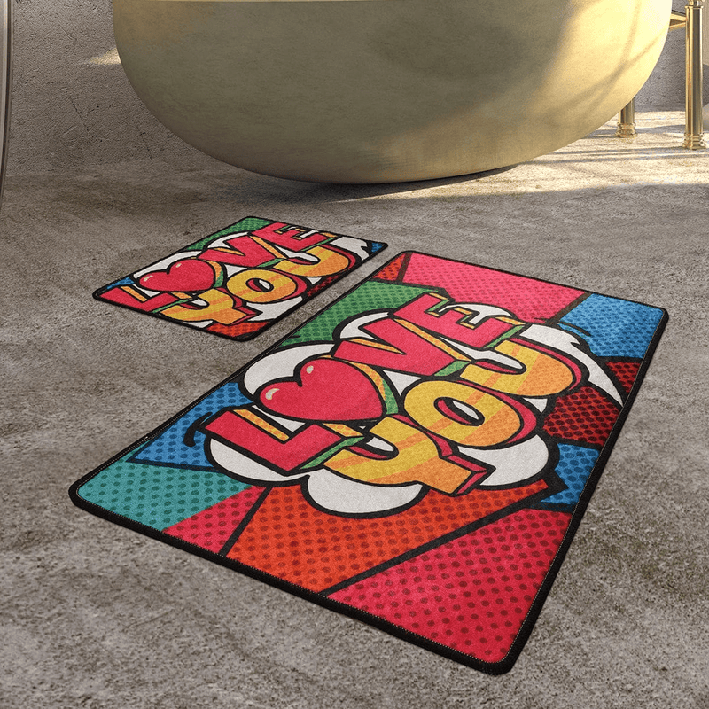 Red Love Dijital Baskılı 2li Set Banyo Paspas ve Halısı, Kaymaz Taban, Yıkanabilir Bonvagon