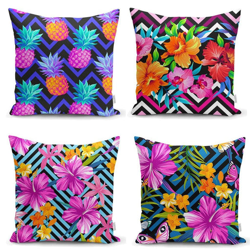 Rengarenk Çiçekli 4lü Yastık Kırlent Kılıf Seti Bonvagon