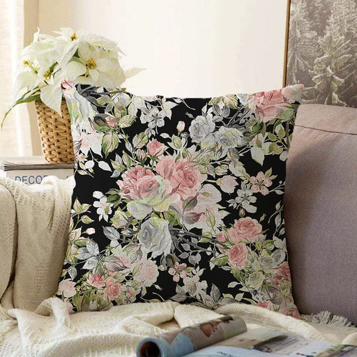 Rengarenk Zemin Üzerinde Çiçek Desenli Dijital Baskılı Modern Raşel Kadife Yastık Kırlent Kılıfı Bonvagon