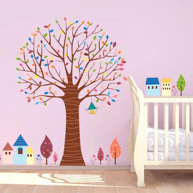 Renki Ağaç ve Kasaba Desenli Duvar Çıkartması Süsü (sticker) Bonvagon