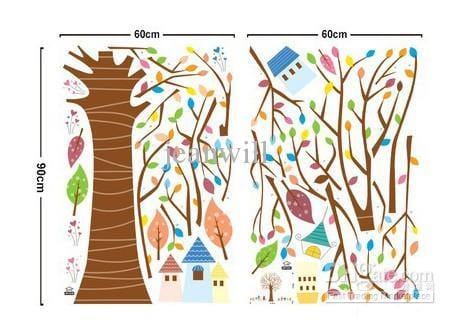 Renki Ağaç ve Kasaba Desenli Duvar Çıkartması Süsü (sticker) Bonvagon