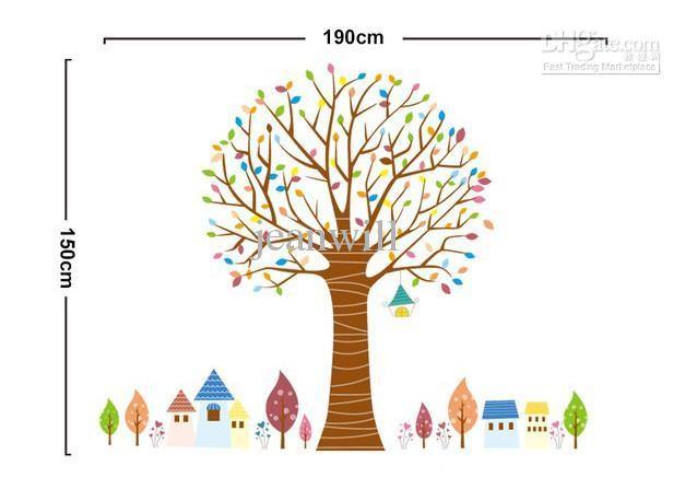 Renki Ağaç ve Kasaba Desenli Duvar Çıkartması Süsü (sticker) Bonvagon