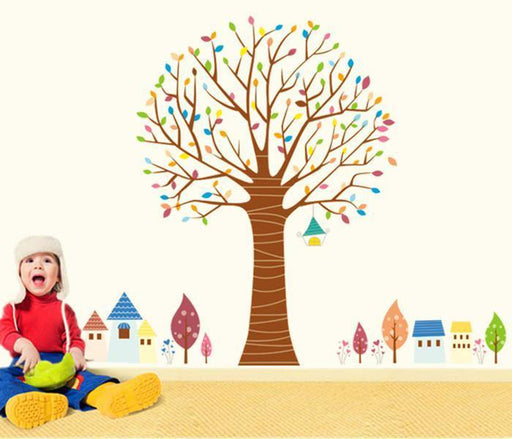Renki Ağaç ve Kasaba Desenli Duvar Çıkartması Süsü (sticker) Bonvagon