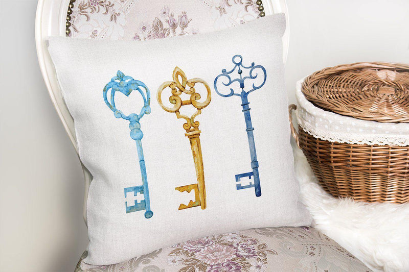 Renkli Anahtar Desenli Dijital Baskılı Yastık Kırlent Kılıfı 43x43cm Bonvagon