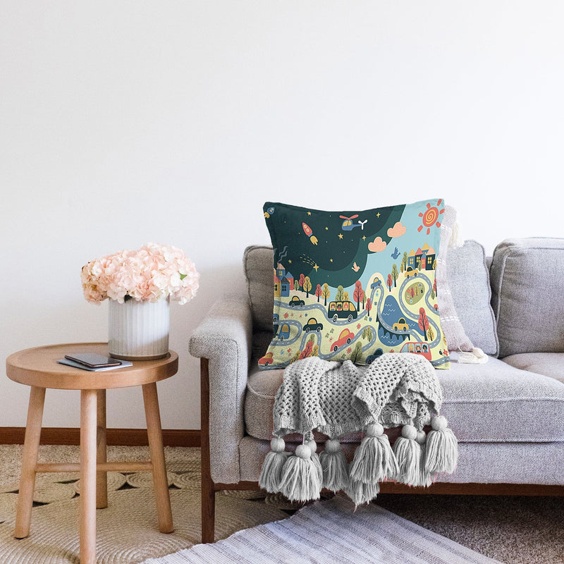 Renkli Araba Yol Tasarımlı Çocuk & Genç Odası Modern Yastık Kırlent Kılıfı Bonvagon