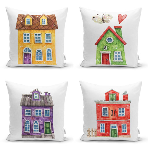 Renkli Evler Özel Tasarım Dijital Baskılı Modern 4lü Kırlent Kılıfı Seti Bonvagon