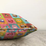 Renkli Kareli Puantiye Sevimli Baykuşlar Çocuk & Genç Odası Modern Yastık Kırlent Kılıfı Bonvagon