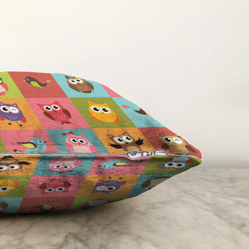 Renkli Kareli Puantiye Sevimli Baykuşlar Çocuk & Genç Odası Modern Yastık Kırlent Kılıfı Bonvagon