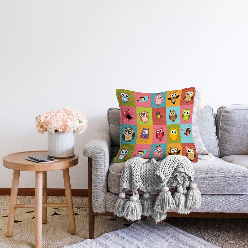 Renkli Kareli Puantiye Sevimli Baykuşlar Çocuk & Genç Odası Modern Yastık Kırlent Kılıfı Bonvagon
