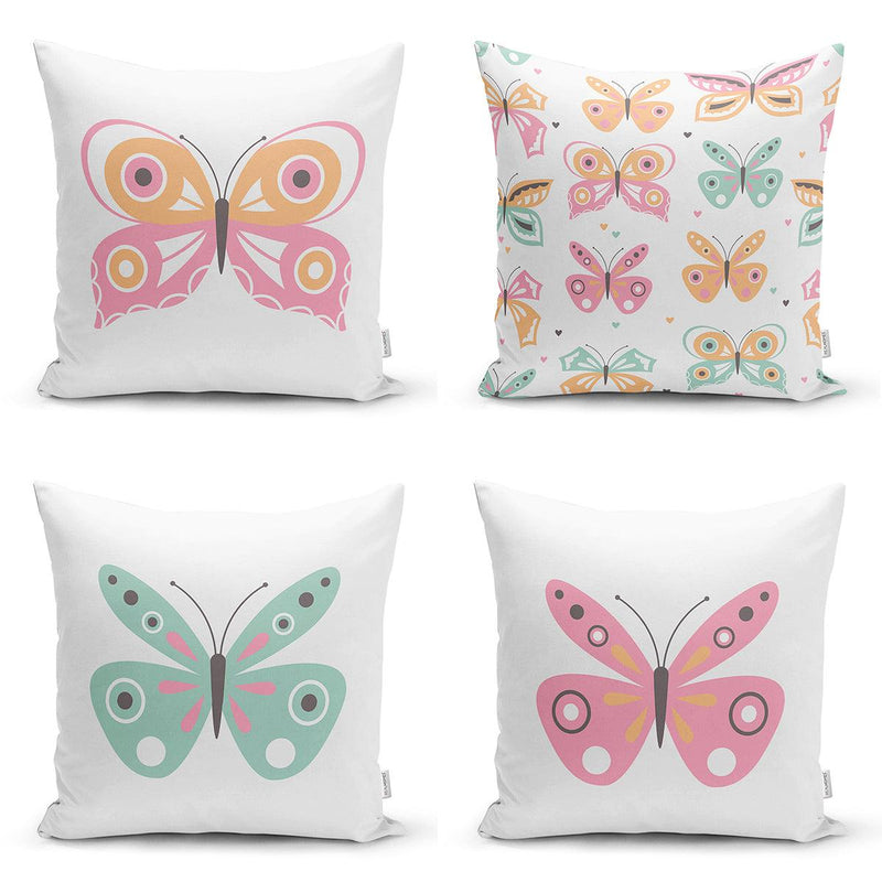 Renkli Kelebekler Özel Tasarım Dijital Baskılı Modern 4lü Kırlent Kılıfı Seti Bonvagon